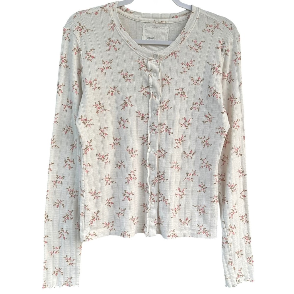 Aerie Floral Ribbed Snap Front Cardigan Cream Pink Long Sleeve Cotton Large